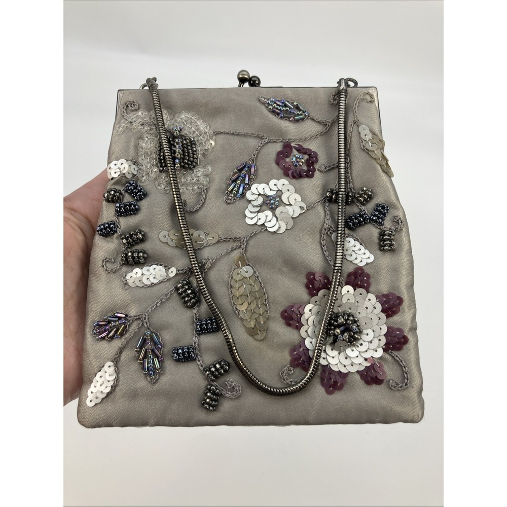 Vtg Elan Beaded Floral Mini Purse Satin Gray Purple Kiss Lock Evening Bag Party